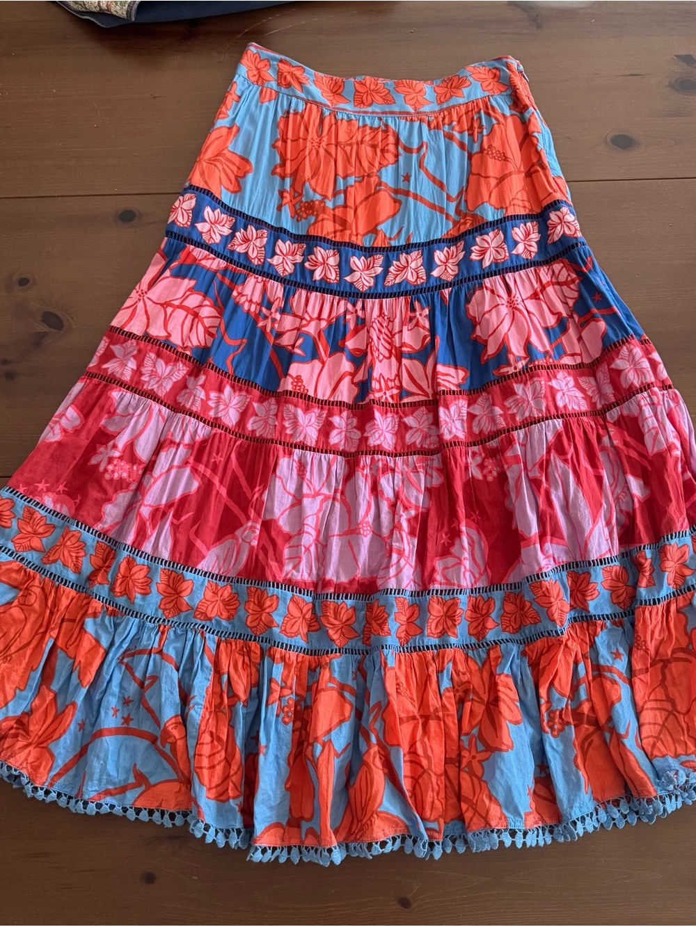 FARM Rio Coral, Sky Blue & Pink Tiered Maxi Skirt